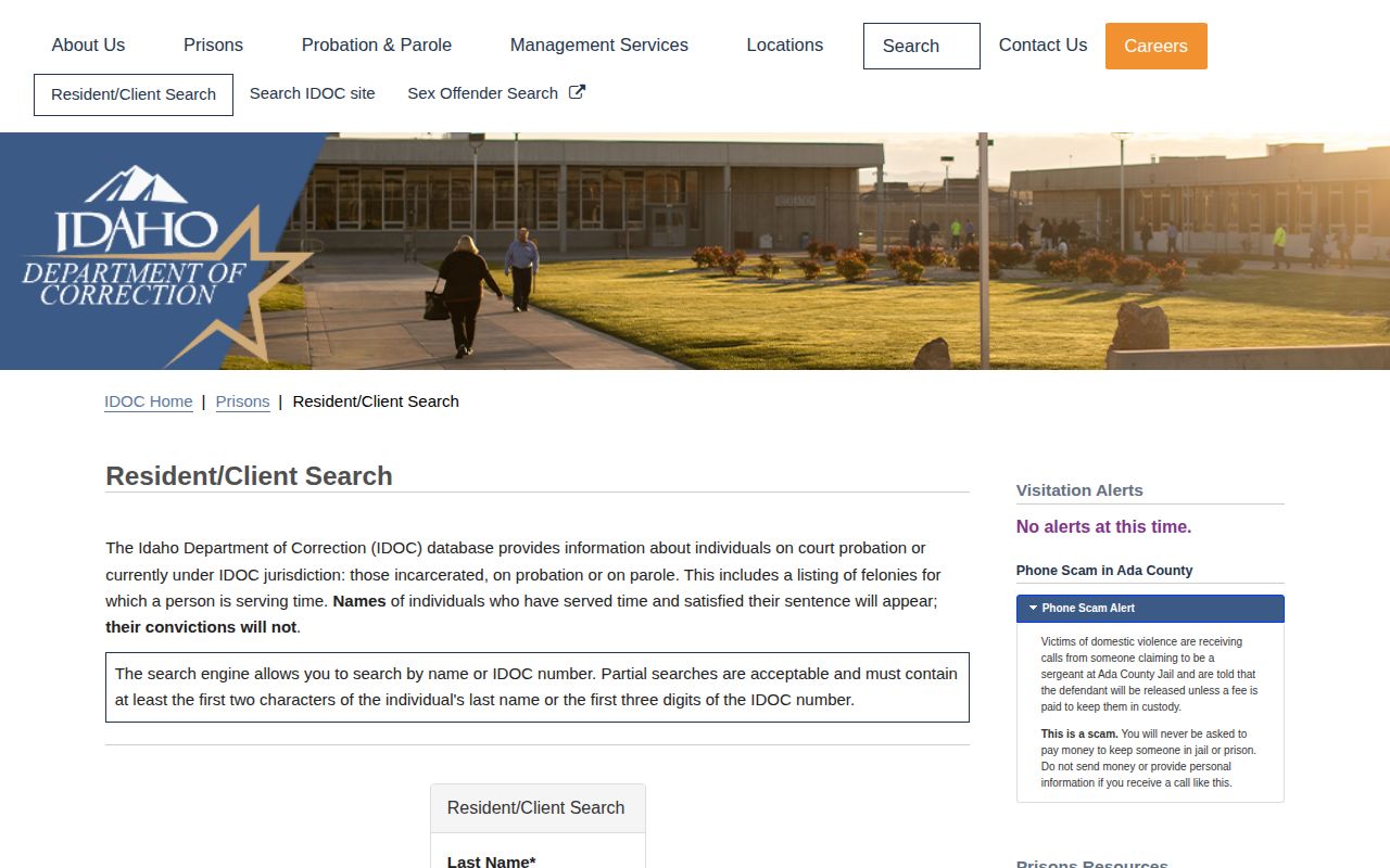 Idaho Department of Correction state-custody search context for Fremont County records