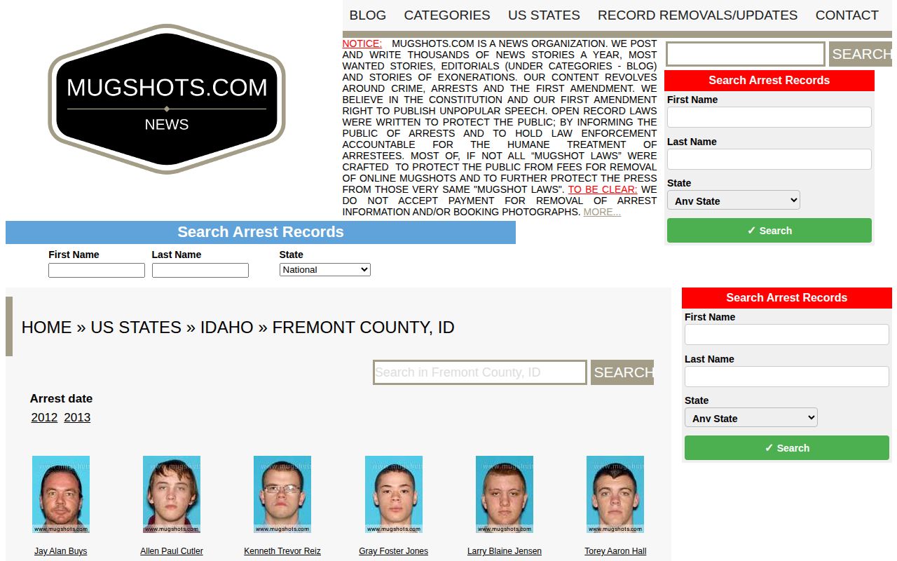 Mugshots.com Fremont County unofficial secondary arrest-record page