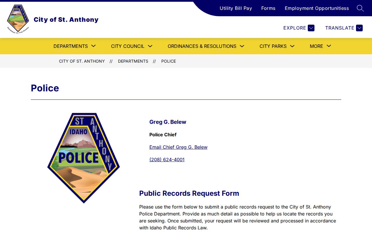 Fremont County St. Anthony Police Department arrest-record request page